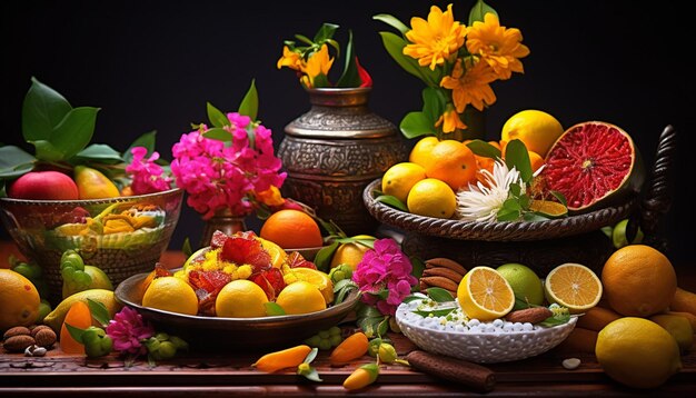 a still life scene with sweet dishes prepared for Gudi Padwa