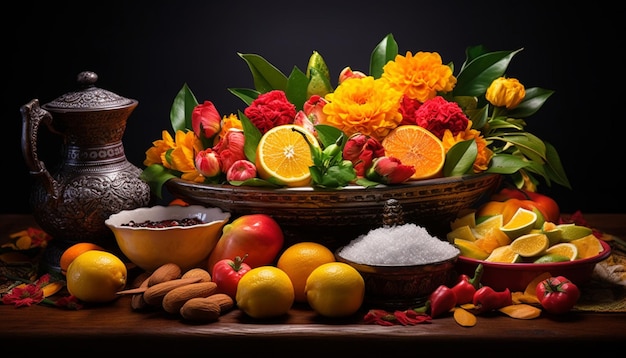 a still life scene with sweet dishes prepared for Gudi Padwa