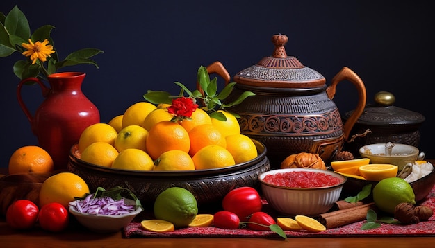 a still life scene with sweet dishes prepared for Gudi Padwa