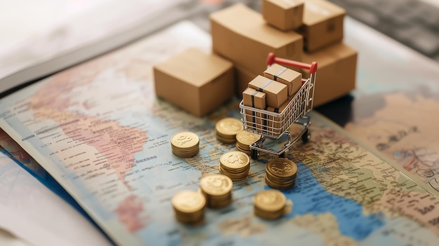 Photo still life of a small shopping cart against world map