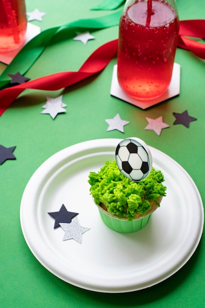 Still life of  soccer fan birthday theme party