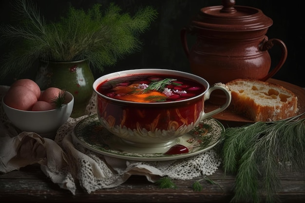 A still life of soup with a cup of russian soup