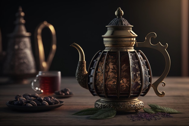 A still life of a teapot and a cup of tea on a table.