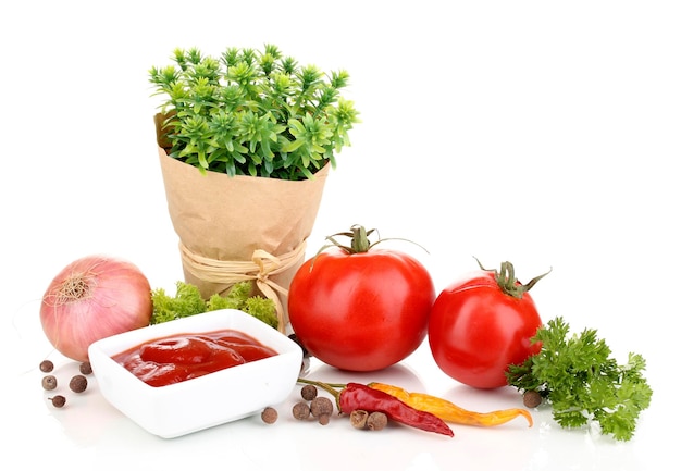 Still life tomatoes ketchup and herbs isolated on white