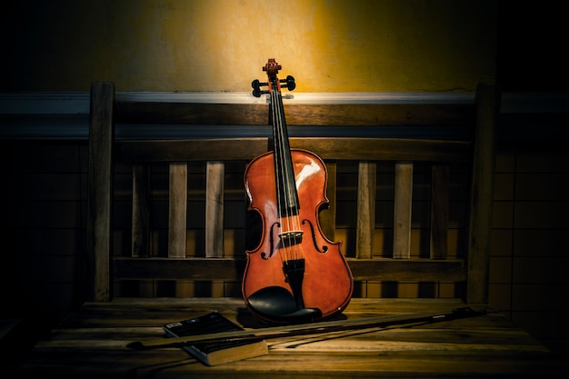 Still life of violin on old books style 