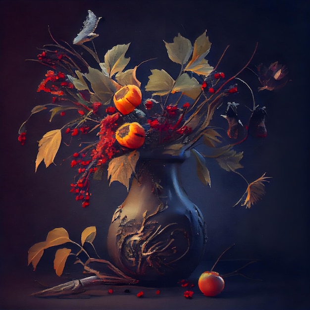 Still life with autumn bouquet in a vase on a dark background