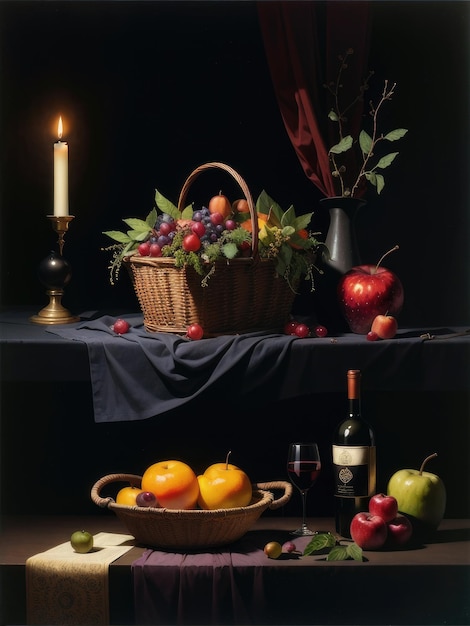 A still life with a basket of fruit and a bottle of wine.