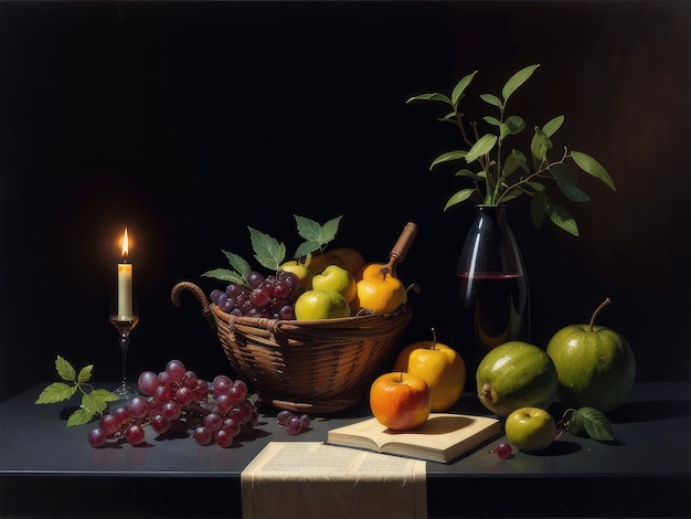 A still life with a basket of fruit and a candle.