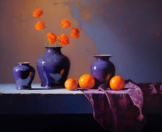 Still life with blue vases orange fruit and orange flowers against a textured background