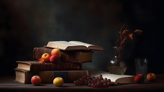 A still life with books and fruit on a table