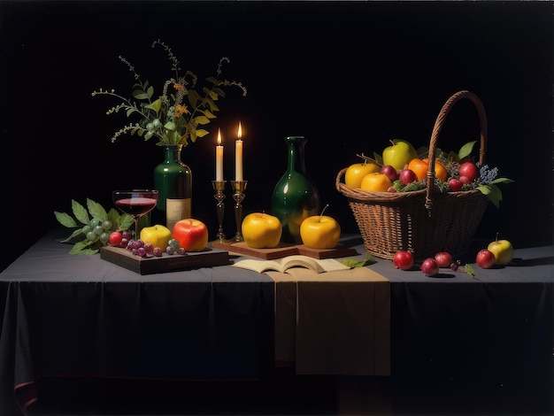 A still life with a bottle of wine and fruit on a table.