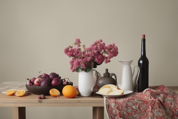 still life with a bouquet of red and white flowers and a vase of fruits on a wooden table in a rooms