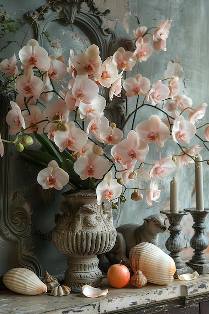 still life with branches of exotic pink orchid with sea shells on vintage gray background