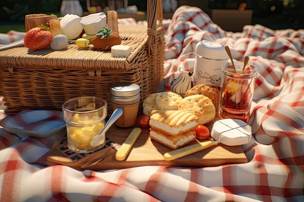 Photo still life with bread and wine picnic basket generative ai