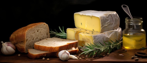 Still life with cheese bread and oil on a black background