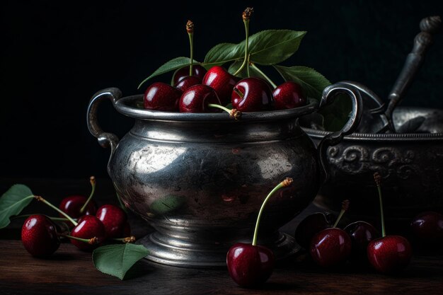 A still life with cherries and a silver pot