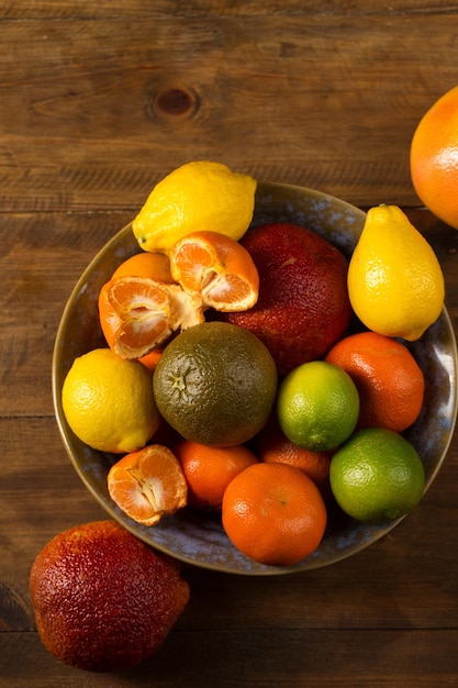 Still life with citrus fruits top view