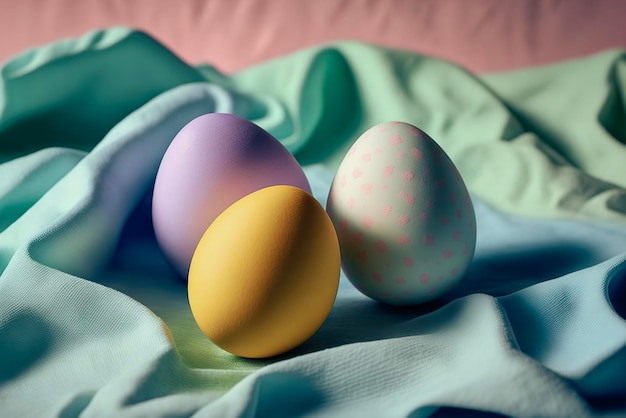 Still life with colorful pastel Easter eggs on fabric background Moody atmospheric image Generative AI