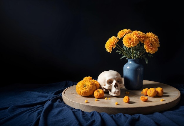 Photo still life with day of the dead skull and marigold flowers on blue background