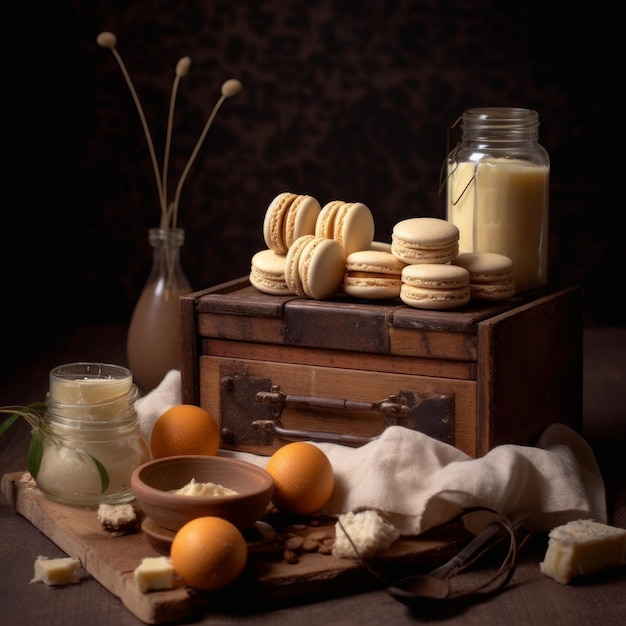 A still life with a few cookies and a jar of milk.