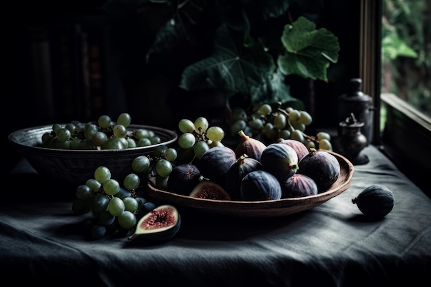 A still life with figs and grapes on a table.