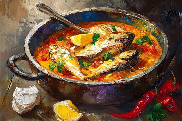 Photo still life with fish stew and chili peppers in a rustic pot