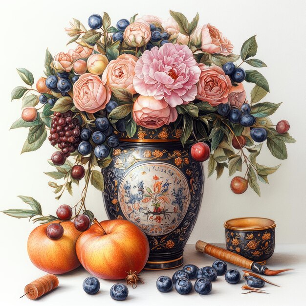 Photo still life with flowers fruit and a vase