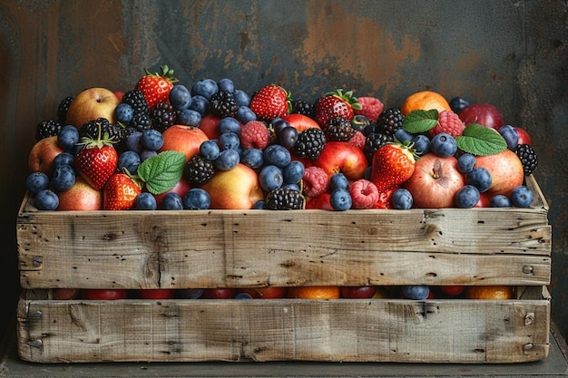 Still life with fresh fruits in wooden box on dark background selective focus