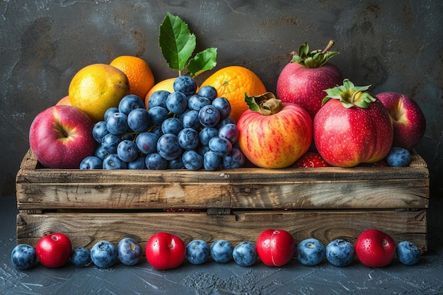 Still life with fresh fruits in wooden box on dark background selective focus