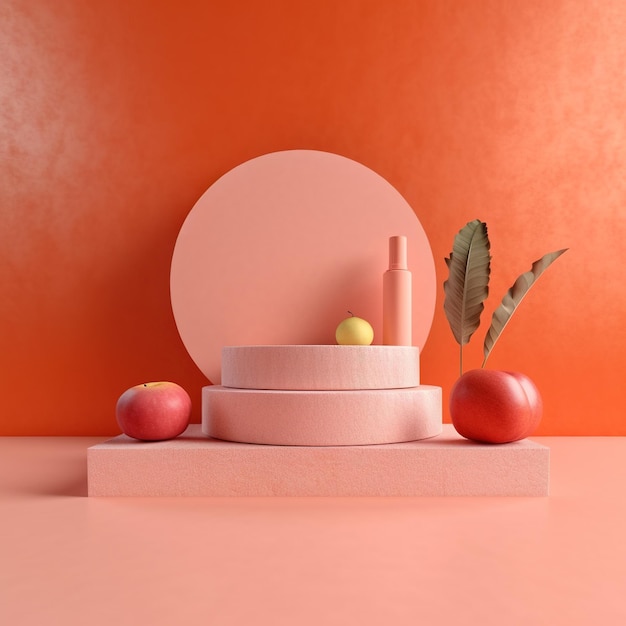 Still life with fruits Peach colour background cosmetic display stand AI Generated