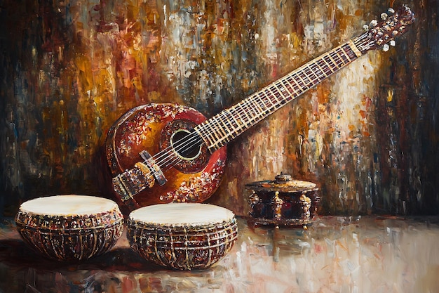 Photo still life with guitar drums and a wooden box