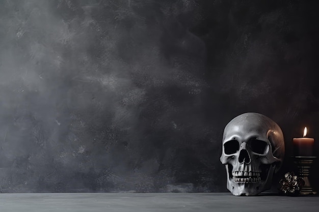 Photo still life with human skull and candle on dark background halloween concept