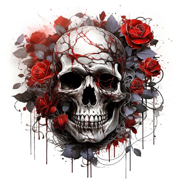 Still life with human skull with red rose and bloods AI generated image