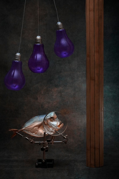 Still life with moonfish light bulbs and a wooden figure