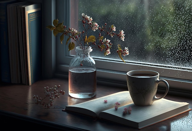 Still life with an open book and cherry blossoms in a vase on a windowsill rany day generative ai