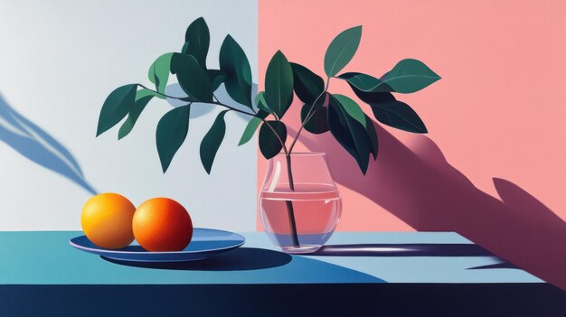 Photo still life with oranges and green leaves