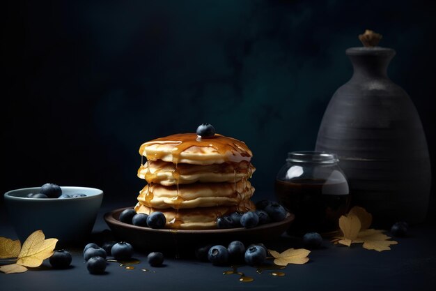 Still life with pancakes in dark blue colors Generative AI