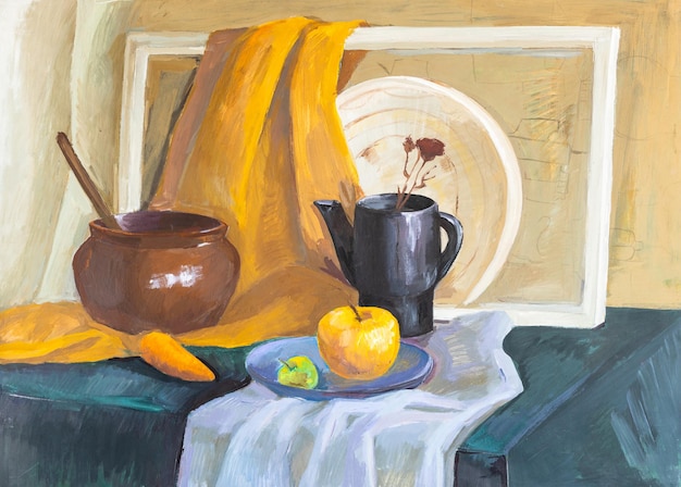 Still life with pot kettle carrot and apples