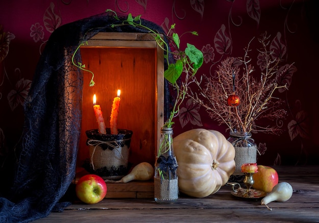 Still Life with pumpkin on wooden background