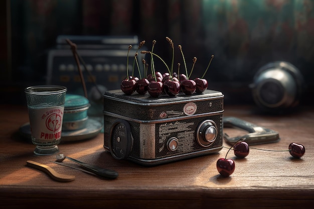 A still life with a radio and a cup of tea on the table