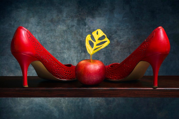 Still life with red women's highheeled shoes and apple with yellow leaf