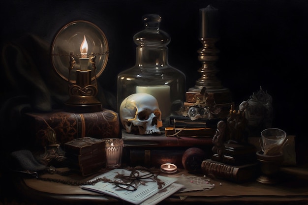 A still life with a skull and a candle on a table.