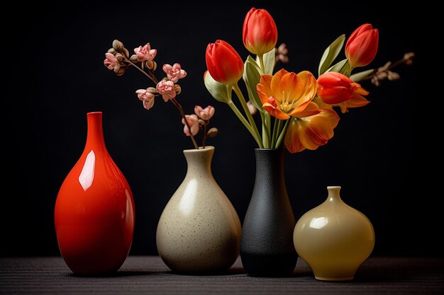 Still life with vases with spring flowers in the living room