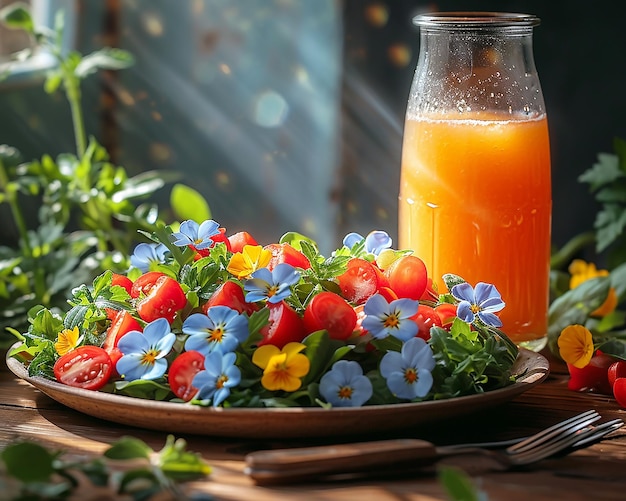 Still life with vegetables and flowers