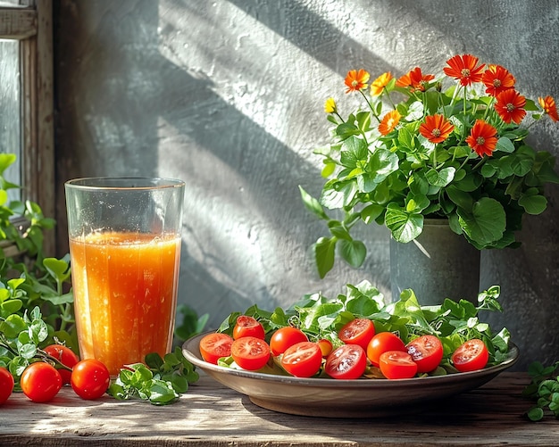 Still life with vegetables and flowers