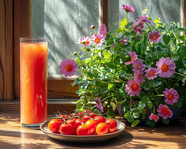 Still life with vegetables and flowers