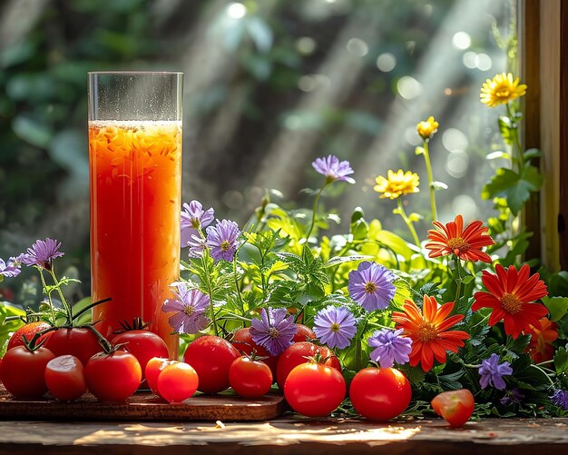 Still life with vegetables and flowers