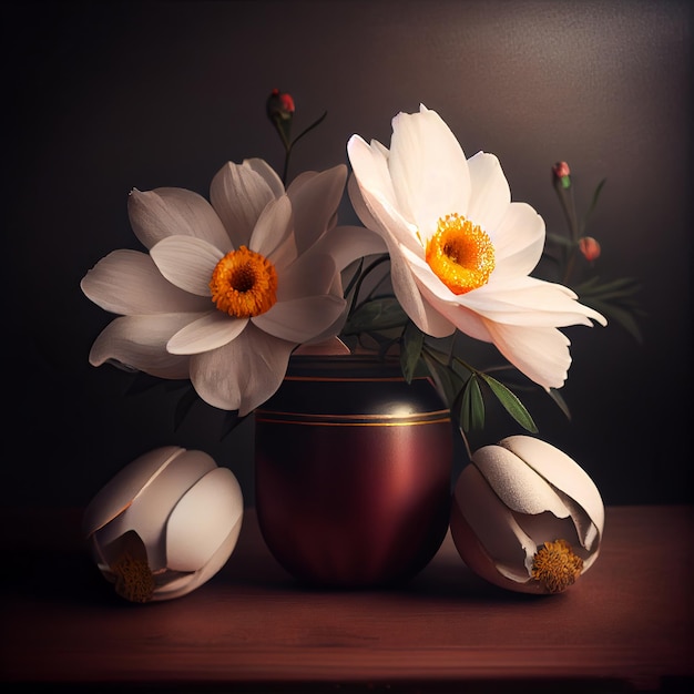 Still life with white flowers in vase on a wooden table