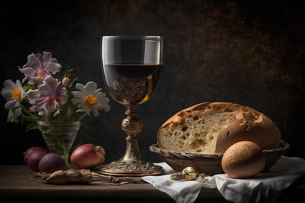 A still life with a wine glass and bread