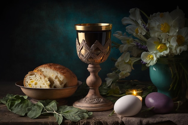 A still life with a wine glass a cup and a cross